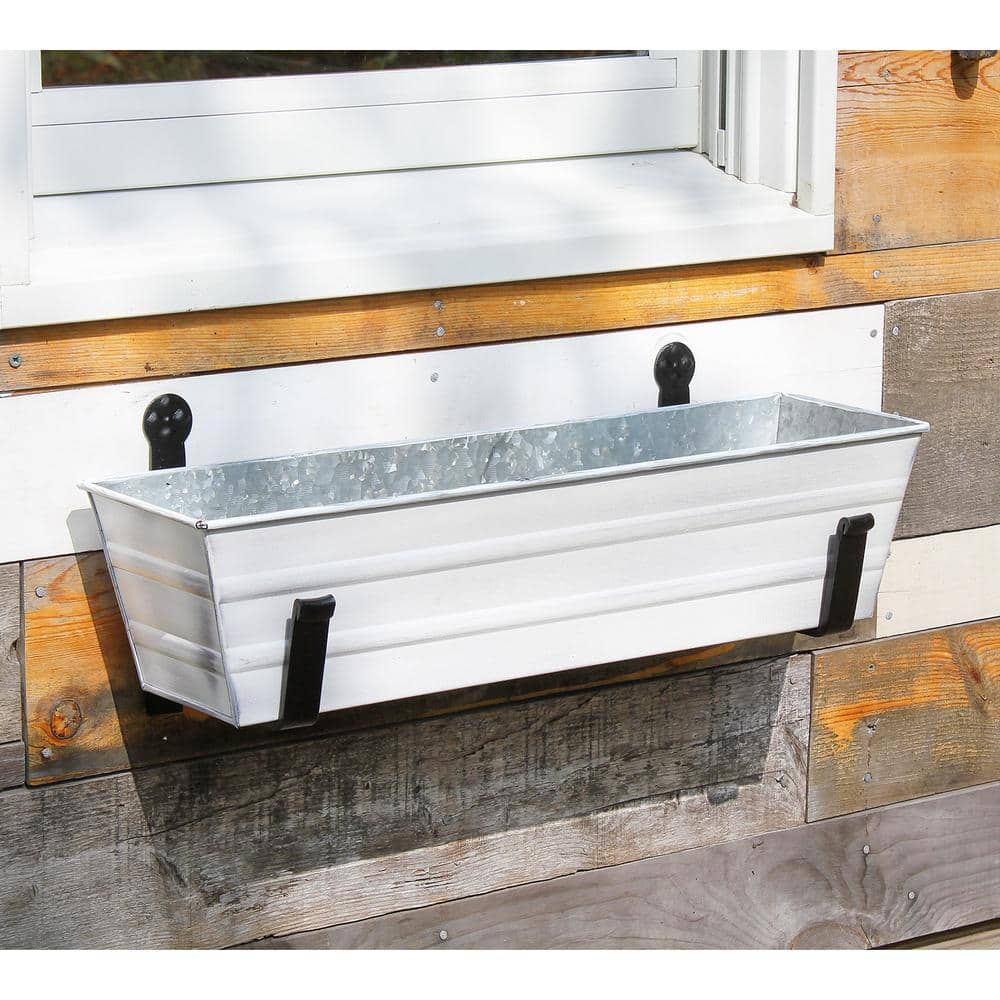 Small White Galvanized Flower Box with Black Brackets