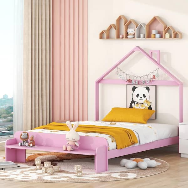 Harper & Bright Designs Pink Wood Frame Full Size House Platform Bed with Footboard Bench, Roof and Chimney Design