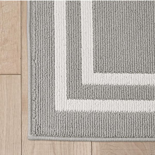 Double Line Light Gray/White 2 ft. x 5 ft. Border 2-Piece Rug Set