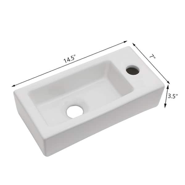 14.5 in. x 7 in. White Ceramic Rectangular Wall Hung Vessel Sink Single Faucet Hole for Small Bathroom