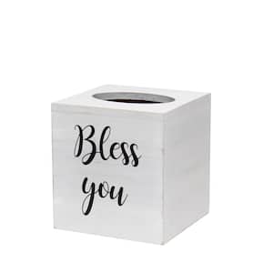 White Wash Wooden Decorative Tissue Box with "Bless you" Script in Black and Sliding Base for Vanity, Bathroom, Bedroom