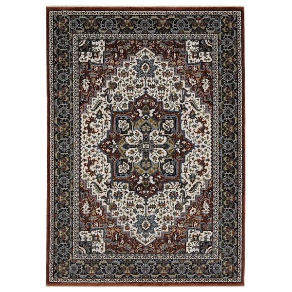 AVERLEY HOME Victoria Red/Multi-Colored 5 ft. x 8 ft. Center Oriental Medallion Polyester Fringed-Edge Indoor Area Rug