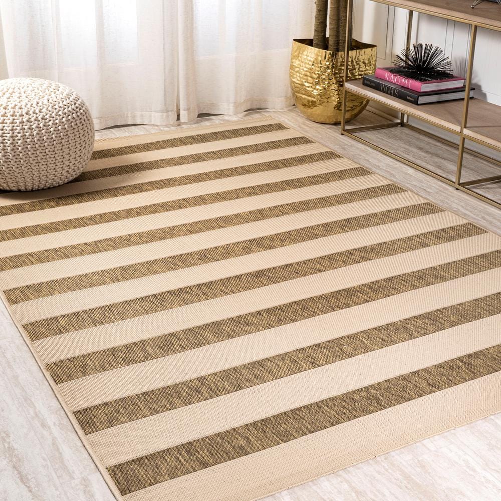 Beige and Brown Stripe Synthetic 8' x 10' Indoor/Outdoor Rug