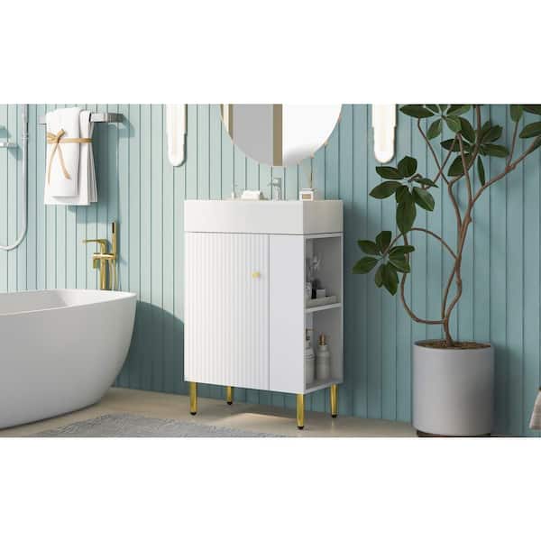 21.60 in. W x 12.20 in. D x 33.90 in. H Bathroom Vanity in White with Ceramic Top, Cabinet and Open Right Side Storge