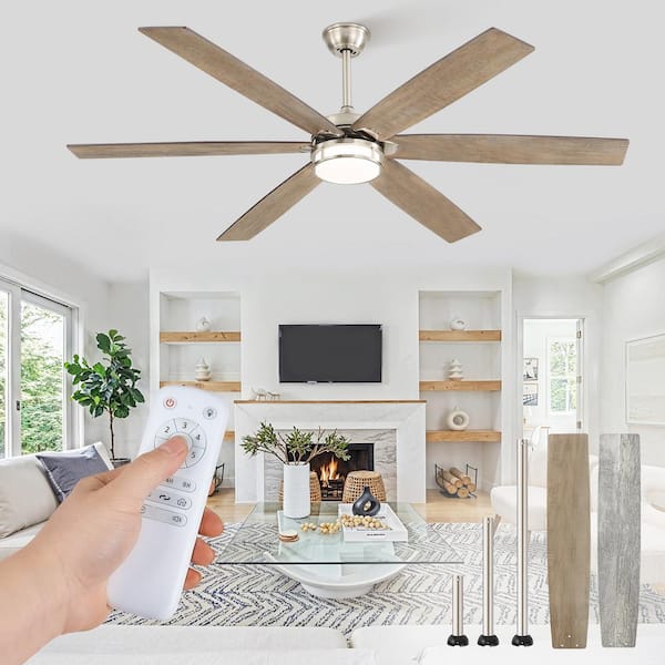 65 in. Indoor Nickel Downrod/Angled Mount 6-Speed Ceiling Fan with 3-Color Light Kit, Dual-Finish Blades, Remote Control