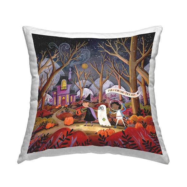 Stupell Industries Trick Or Treating Scene Multi-Color Abstract Polyester 18in. X 18in. Throw Pillow