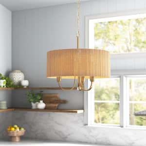 Collision 3-Light Gold/Wood Island Chandelier with Paper Rope Shade