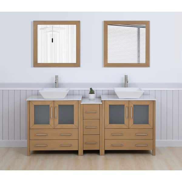 72 in. W Double Basin Natural Oak Bath Vanity with White Engineered Marble Top and Mirror