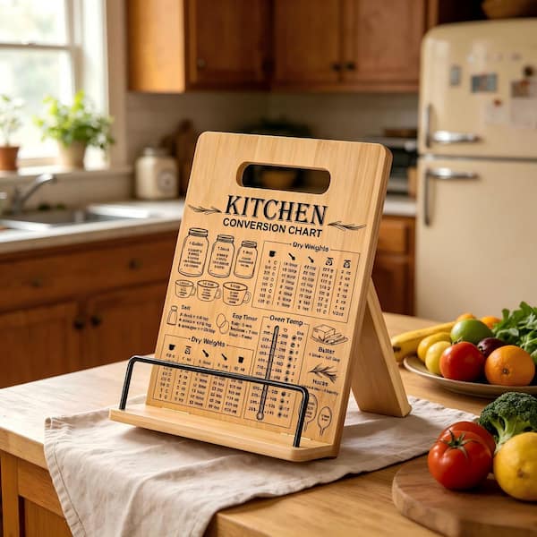 Bamboo Cookbook Stand with Measurement Conversion Chart, Adjustable Recipe Holder for Kitchen Counter