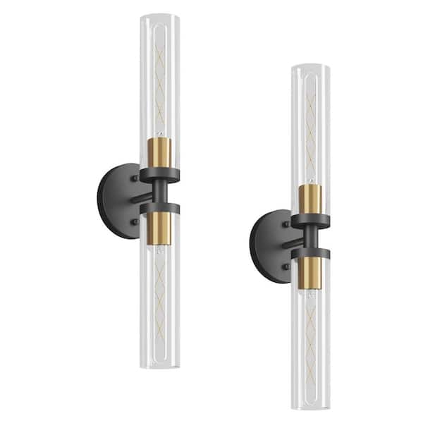 2-Light Black&Gold Modern Wall Sconce Up and Down Wall Mount Light with Clear Glass Shade (2-Pack)