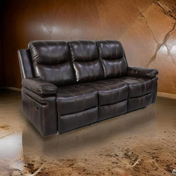 Benjara 79.9 in. Pillow Top Arm Fabric Rectangle Drop Down Tray Recliner Sofa in. Brown