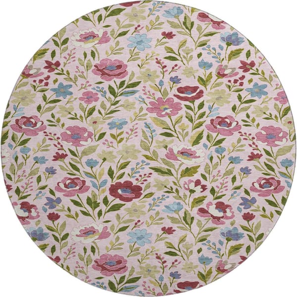Mayfield Premium Machine Washable Abstract AMF2438 Pink 8 ft. x 8 ft. Round Rug