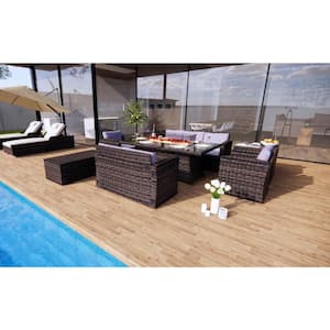 Amy 7-Piece Wicker Patio Fire Pit Conversation Sofa Set with Beige Cushions
