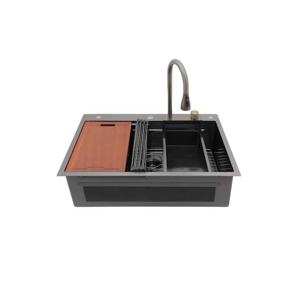 33 in. Drop-In Single Bowl 16-Gauge Gunmetal Black Stainless Steel Kitchen Sink with Strainer Basket and Bottom Girds