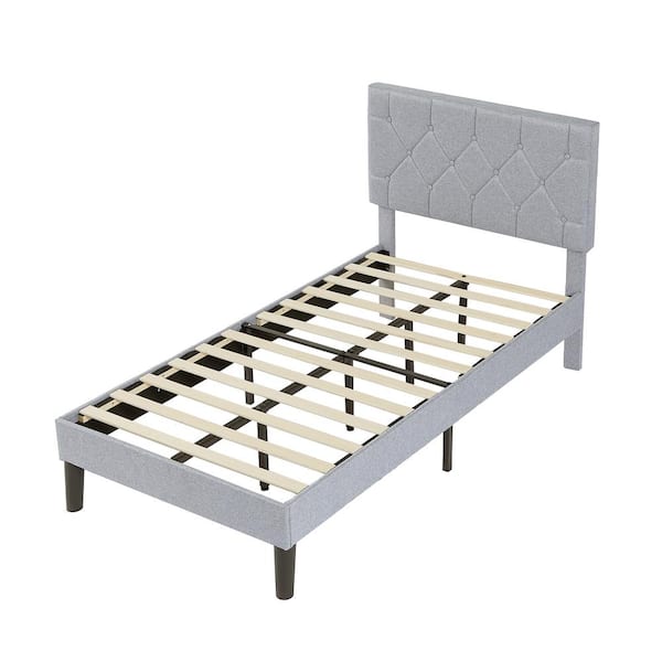 VECELO Upholstered Bed, Platform Bed with Adjustable Headboard, Wood Slat Support, No Box Spring Needed, Gray Twin Bed Frame
