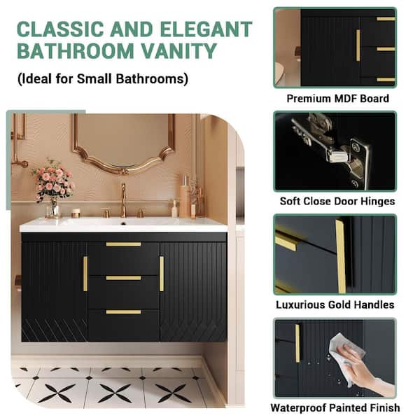 36 in. Wall Mounted Single Sink Black Bath Vanity with White Resin Top Requires Assembly