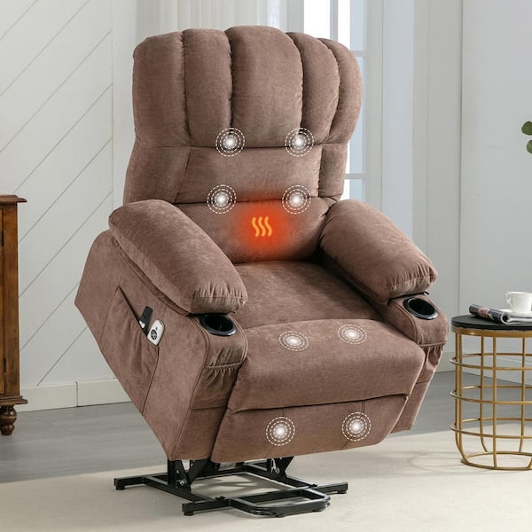 Large 23.23 in. Wide Seat Brown Fabric Electric Power Lift Recliner Chair with Massage Heated Single Sofa Chair