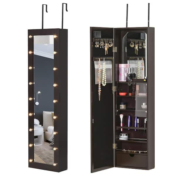 Unbranded Brown MDF Jewelry Armoire with Mirror and 18 LED Lights, Wall-Mounted/Over-The-Door Cabinet with 3 Mountable Heights