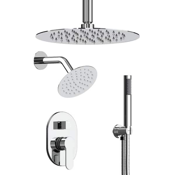 3-Spray 10 and 6 in. Dual Shower Heads Ceiling Mount and Handheld Shower Head 2.5 GPM in Chrome (Valve Included)