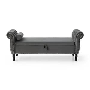63 in. W x 22.1 in. D x 24 in. H Gray Velvet Tufted Storage Bench With A Pillow