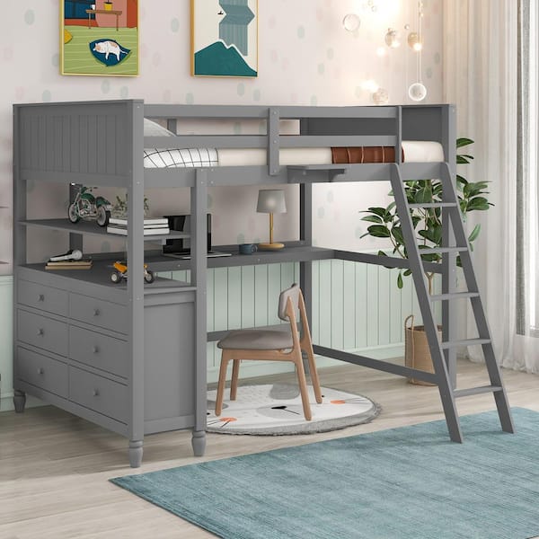 Harper & Bright Designs Multifunction Gray Full Wood Loft Bed with Desk, Shelves and Drawers