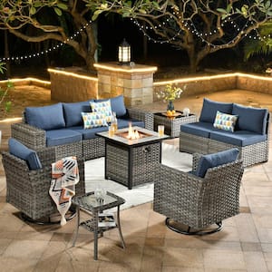 Tahoe Grey 10-Piece Wicker Swivel Rocking Outdoor Patio Conversation Sofa Set with a Fire Pit and Denim Blue Cushions