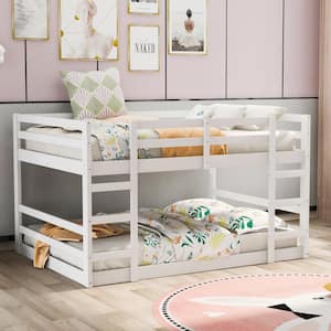 White Full Over Full Floor Bunk Bed Low Wood Bunk Bed Frame with 2 Ladders, Safety Rails, Wood Slats for Kids and Teens