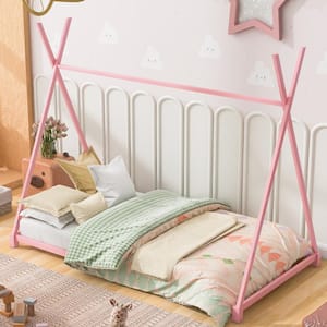 Pink Metal Twin Size House Platform Bed with Triangle Structure and X-Shaped Safety Railings