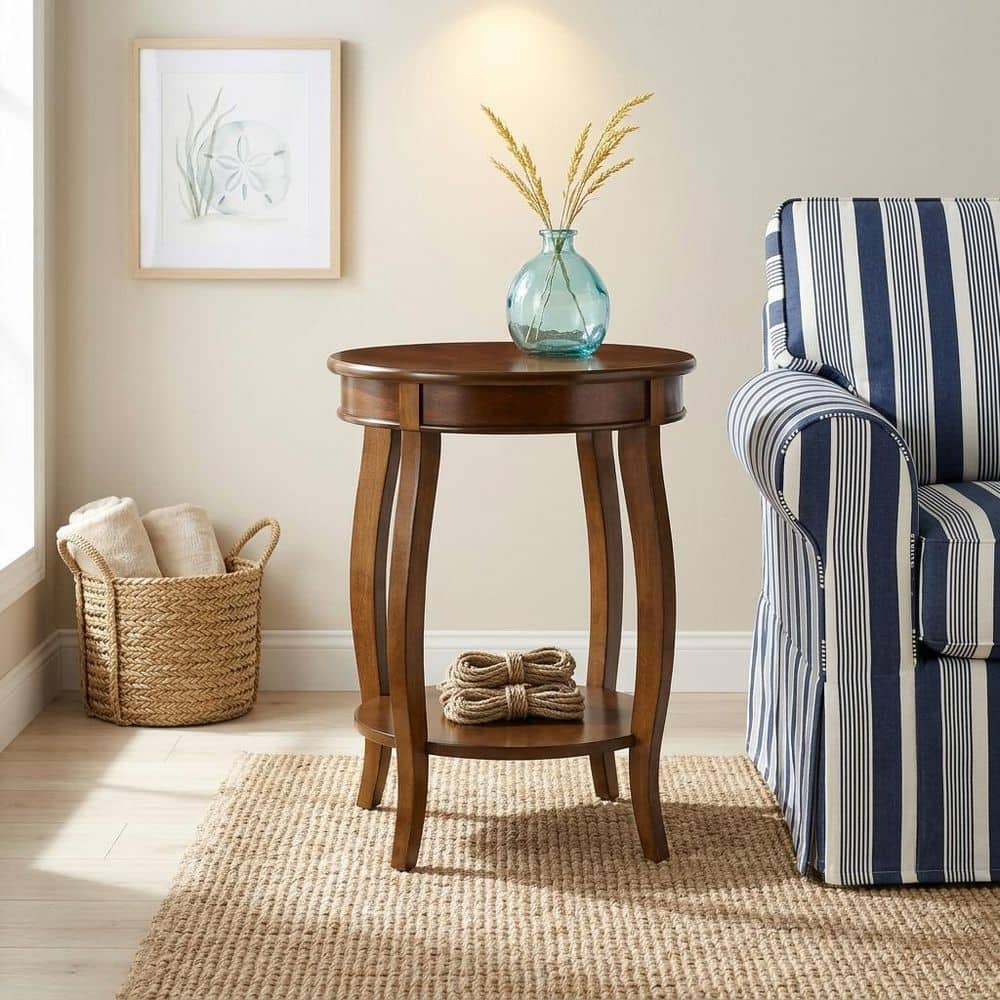Round Side Table with Storage Shelf, Wood Accent End Table, Cabriole Leg Small Side Table for Living Room Bedroom, Brown