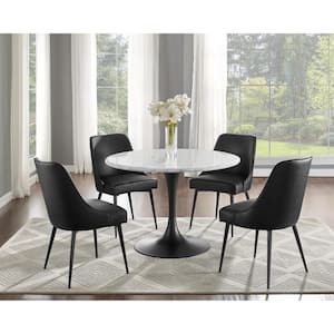 Colfax 45 in. Round White Marble Table with Black Pedestal Base and 4 Black Upholstered Chairs