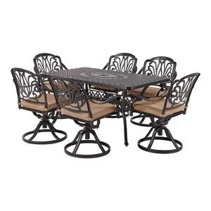 Classic Dark Brown 7-Piece Cast Aluminum Rectangle Outdoor Dining Set with Table and Swivel Dining Chairs khaki Cushion