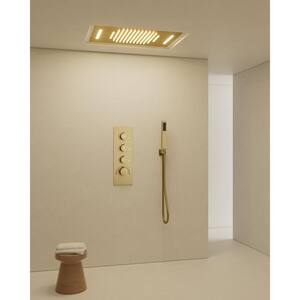 Thermostatic Valve 7-Spray 23x15 in. LED Dual Ceiling Mount Fixed and Handheld Shower Head 2.5 GPM in Brushed Gold