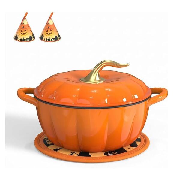 5 qt. Halloween Pumpkin‑Shaped Enameled Cast Iron Dutch Oven with Oven Mitts and Pot Holder