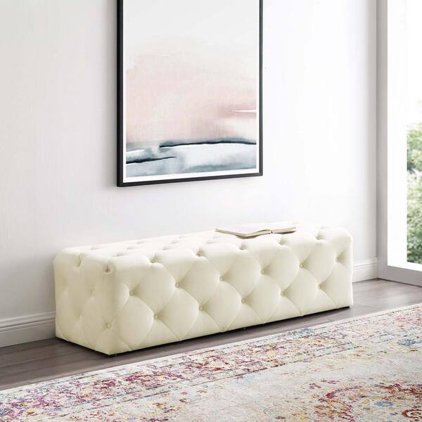 MODWAY Anthem Ivory 60 in. Tufted Button Entryway Performance Velvet Bench