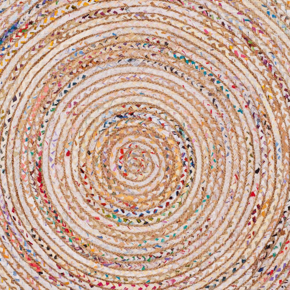 Beige and Multicolor Round Hand-Knotted Wool and Cotton Rug