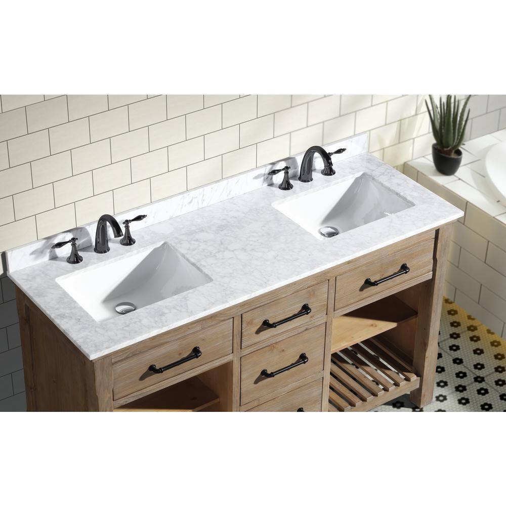 Weathered Fir Solid Wood 60" Double Sink Bathroom Vanity with Carrara Marble Top