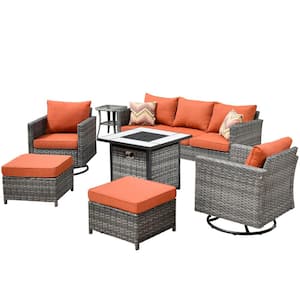 New Vultros Gray 7-Piece Wicker Patio Fire Pit Conversation Seating Set with Orange Red Cushions Swivel Rocking Chairs