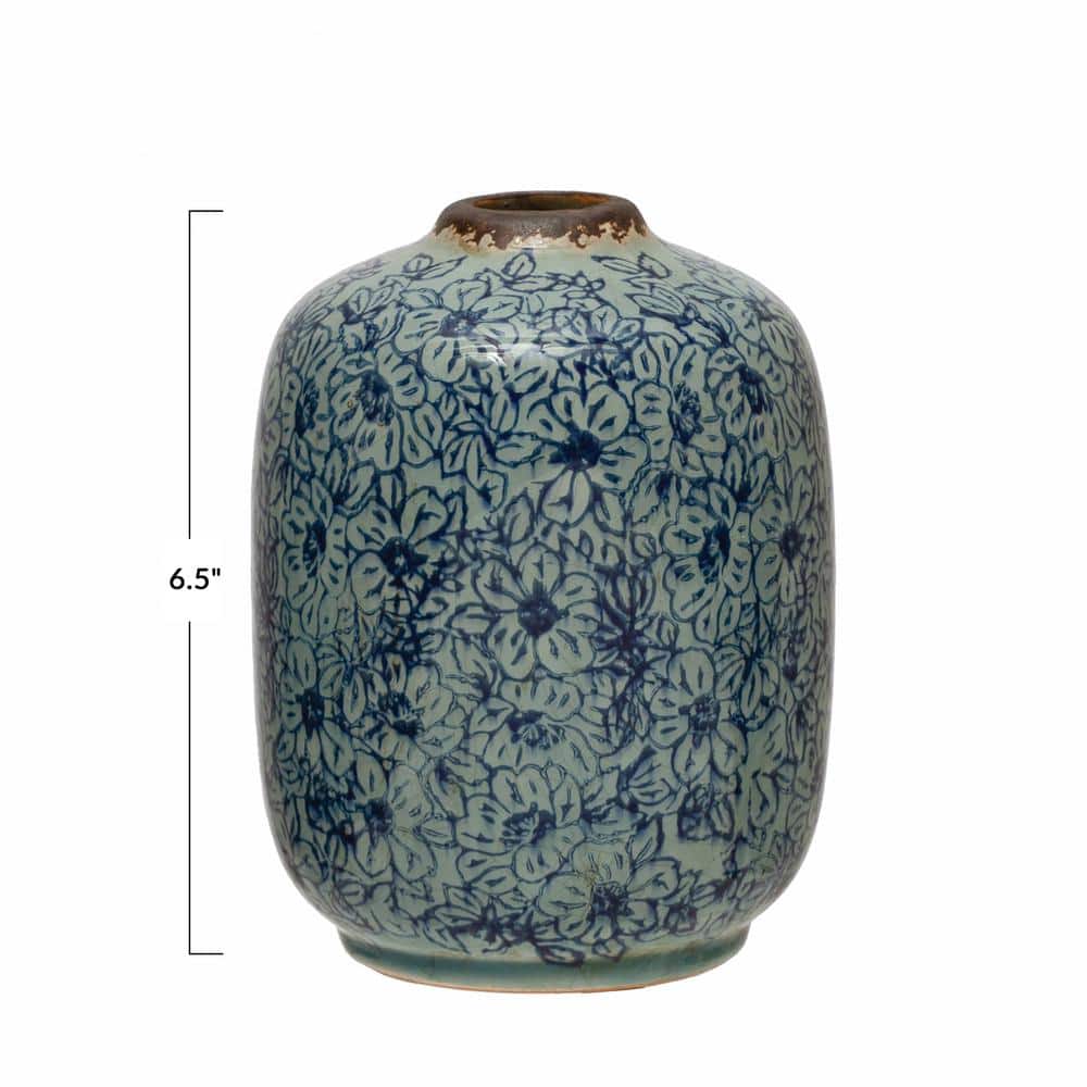 Distressed Blue Ceramic Floral Bouquet Vase 6.5" H