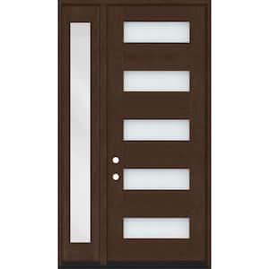 Regency 51 in. x 96 in. 5L Modern Frosted Glass RH Hickory Stain Mahogany Fiberglass Prehung Front Door w/12in.SL