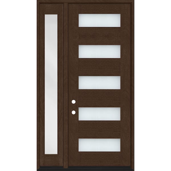 Steves & Sons Regency 51 in. x 96 in. 5L Modern Frosted Glass RH Hickory Stain Mahogany Fiberglass Prehung Front Door w/12in.SL