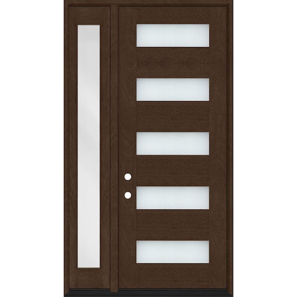 Regency 53 in. x 80 in. 5L Modern Clear Glass RHIS Hickory Stain Mahogany Fiberglass Prehung Front Door w/14 in. SL