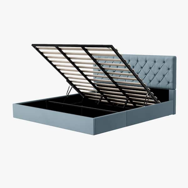 Aqua Blue Frame King Size Upholstered Platform Bed with Lift-up Storage Supported by Metal and Wooden Slats