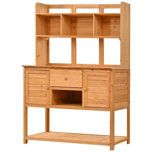 Huluwat 50.2 in. W x  66.1 in. H Natural Solid Fir Wood Potting Bench Table with Hutch, Drawer and Adjustable Shelves
