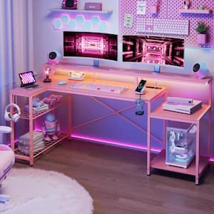 71.5 in. L-Shaped Pink Carbon Fiber LED Desk with Monitor Stand, Storage Shelves and Power Outlets