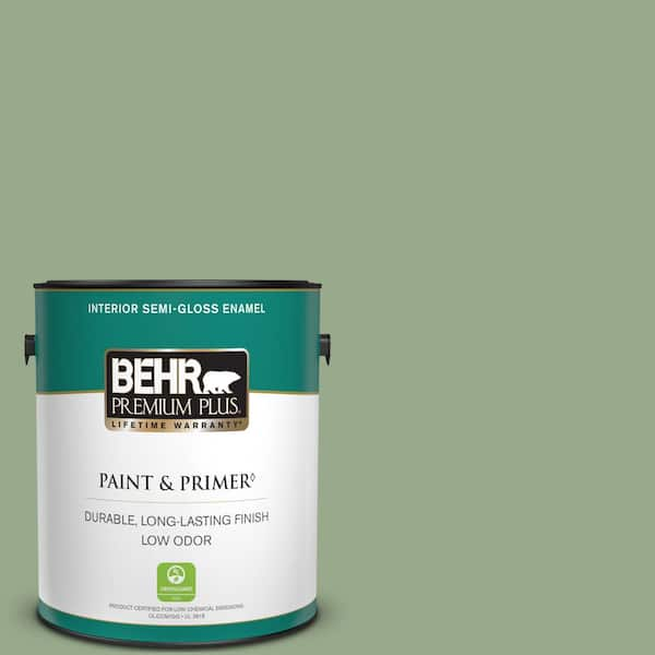 BEHR PREMIUM PLUS 1 gal. #PPU11-05 Pesto Green Semi-Gloss Enamel Low Odor Interior Paint & Primer