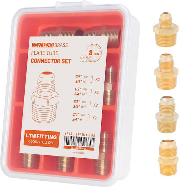 LTWFITTING Tube OD (3/8 in. 1/2 in. 5/8 in. 3/4 in.) x 3/4 in. Male NPT Brass Flare Connector Set (8-Pack)
