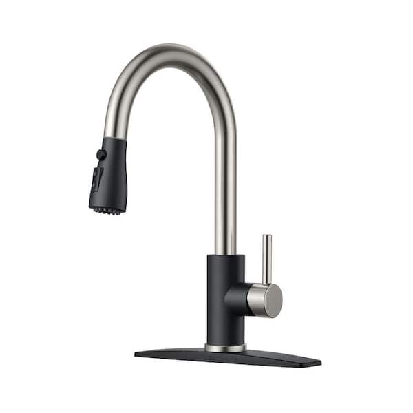 Single Handle Pull Down Sprayer Kitchen Faucet with Deck Plate in Black Nickel