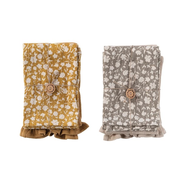 Yellow and Gray Beautiful Floral Prints and Jute Rope Cotton Decorative Tea Towel Set (Set of 2)