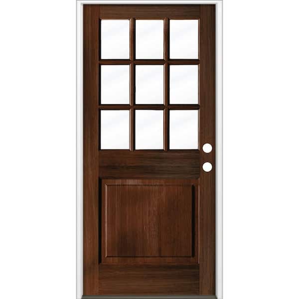 36 in. x 80 in. Farmhouse Beveled 9-Lite Clear Glass Left Hand Red Mahogany Stain Hemlock Wood Prehung Front Door