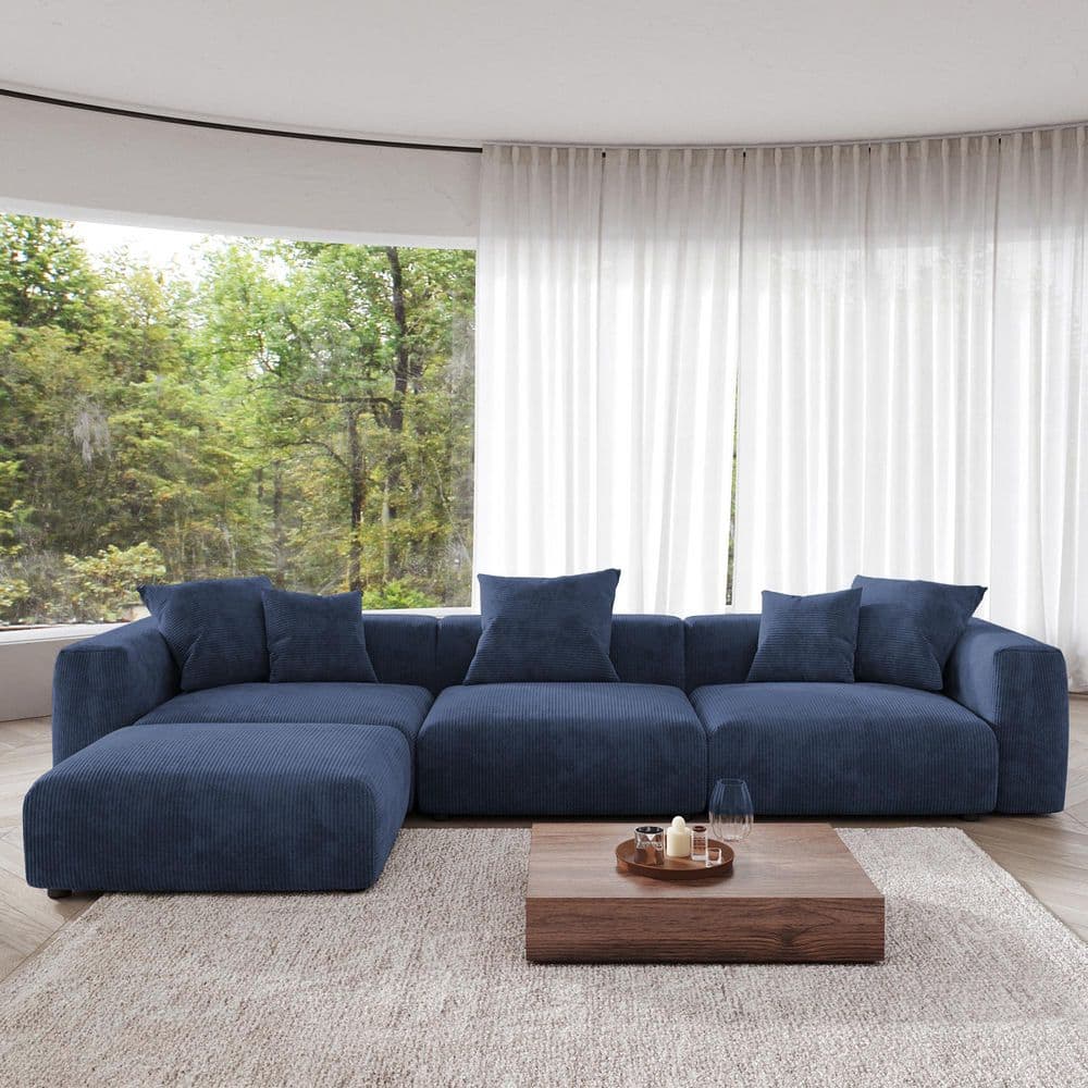 141.73 in. Square Arm 4‑Piece Corduroy Modular with Removable Covers and Ottoman Sectional Sofa in Blue
